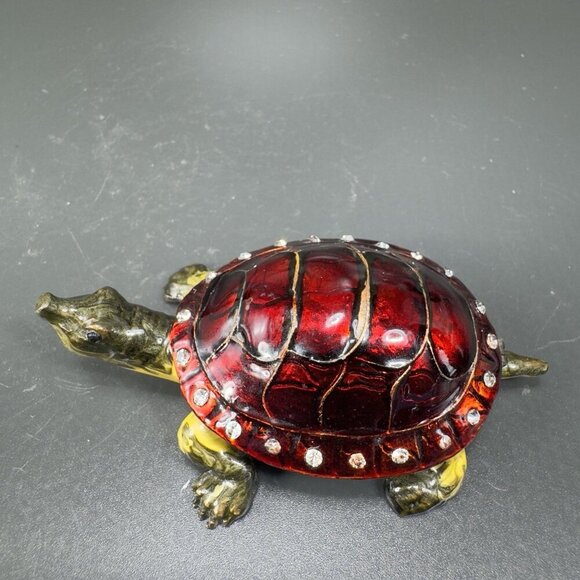 VTG Turtle Red Shell Enamel Over Metal Bejeweled Hinged Trinket Box Pill Box - Picture 5 of 10